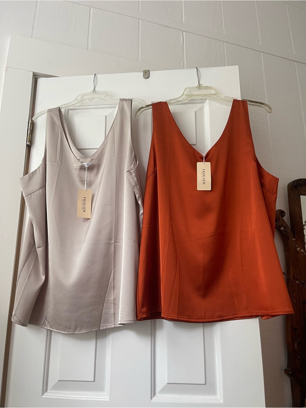 Women's V-Neck Satin Tank Top - Cream and Rust